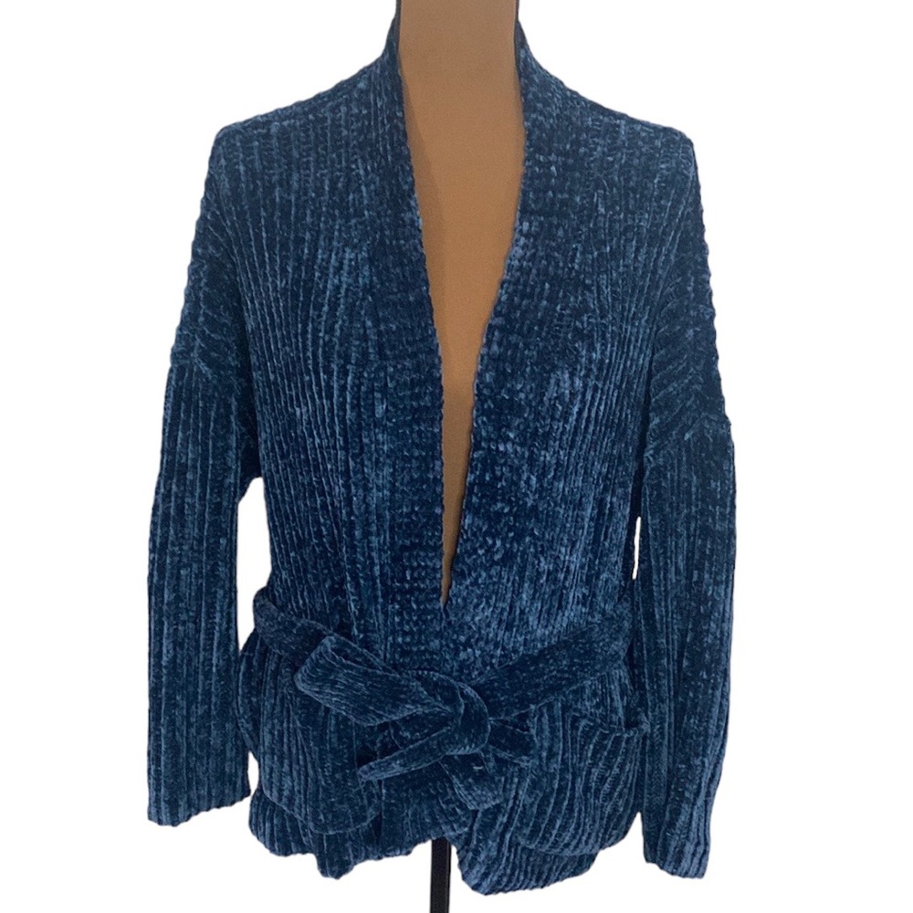 LA Hearts chenille oversized chunky open cardigan with tie belt deep blue XS / S